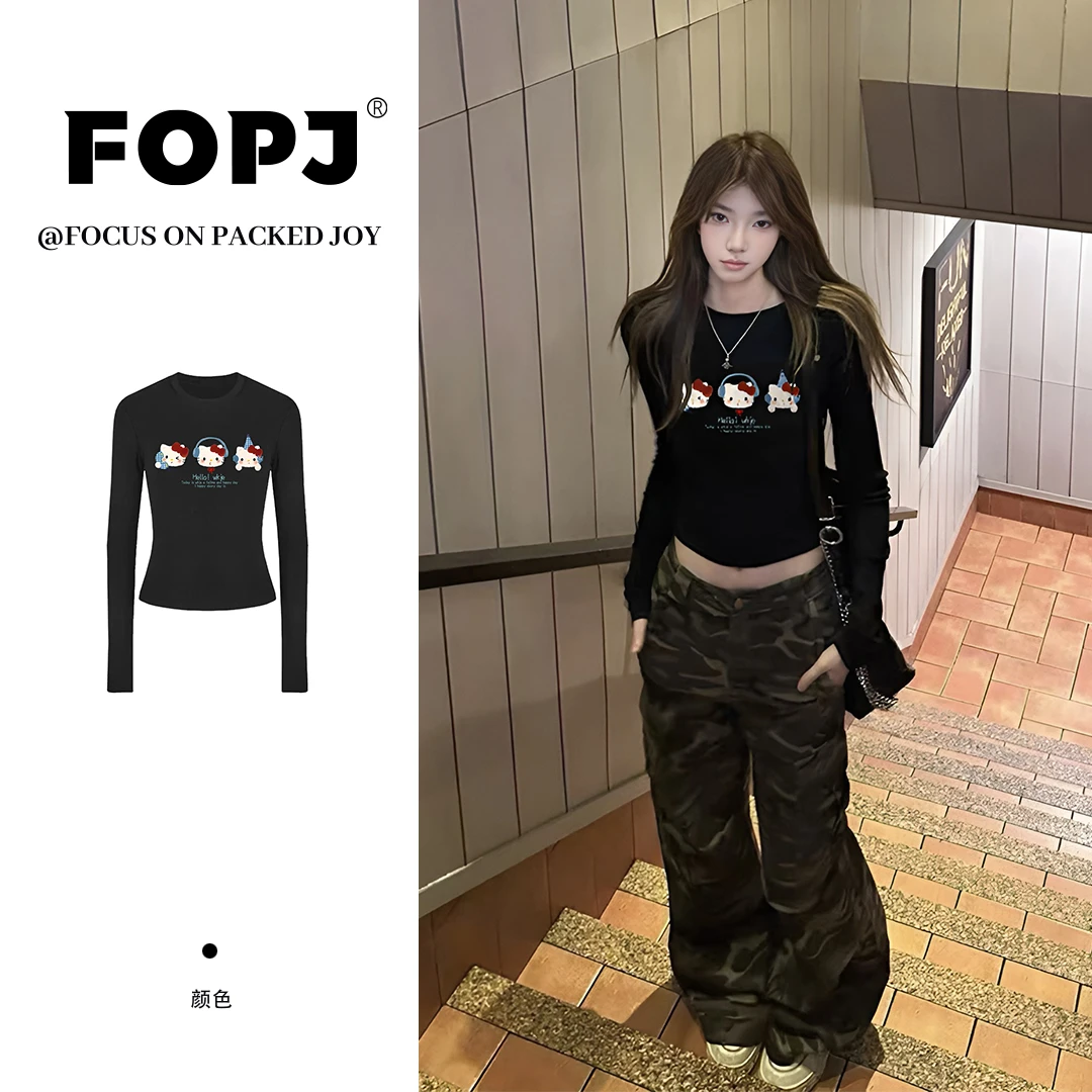 FOPJ美式学院风德绒保暖长袖t恤女内搭打底衫设计感修身辣妹上衣