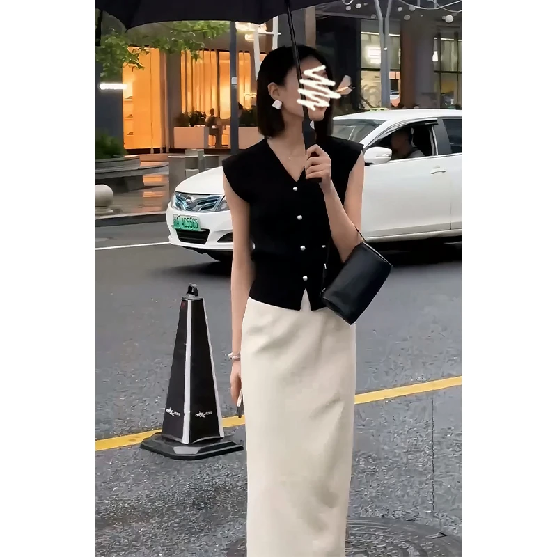 2025夏季新款法式高级感修身V领无袖上衣气质高腰显瘦开叉半身裙