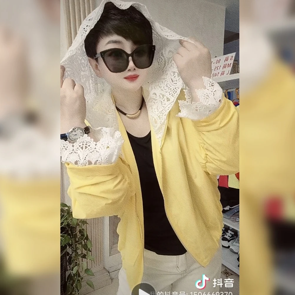 蕾丝拼接连帽短外套女时尚百搭薄款防晒衣休闲开衫上衣