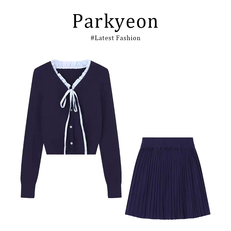 韩系减龄学院风藏青色v领毛衣针织衫短裙辣妹修身两件套装女秋冬