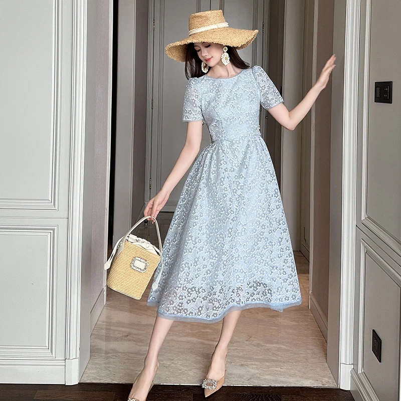 收腰裙子蕾丝碎花小个子时尚夏季复古法式显瘦气质连衣裙45156