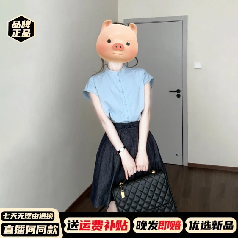 气质简约蓝色宽松小飞袖衬衫女2025夏季减龄百搭翻领短袖衬衣3156