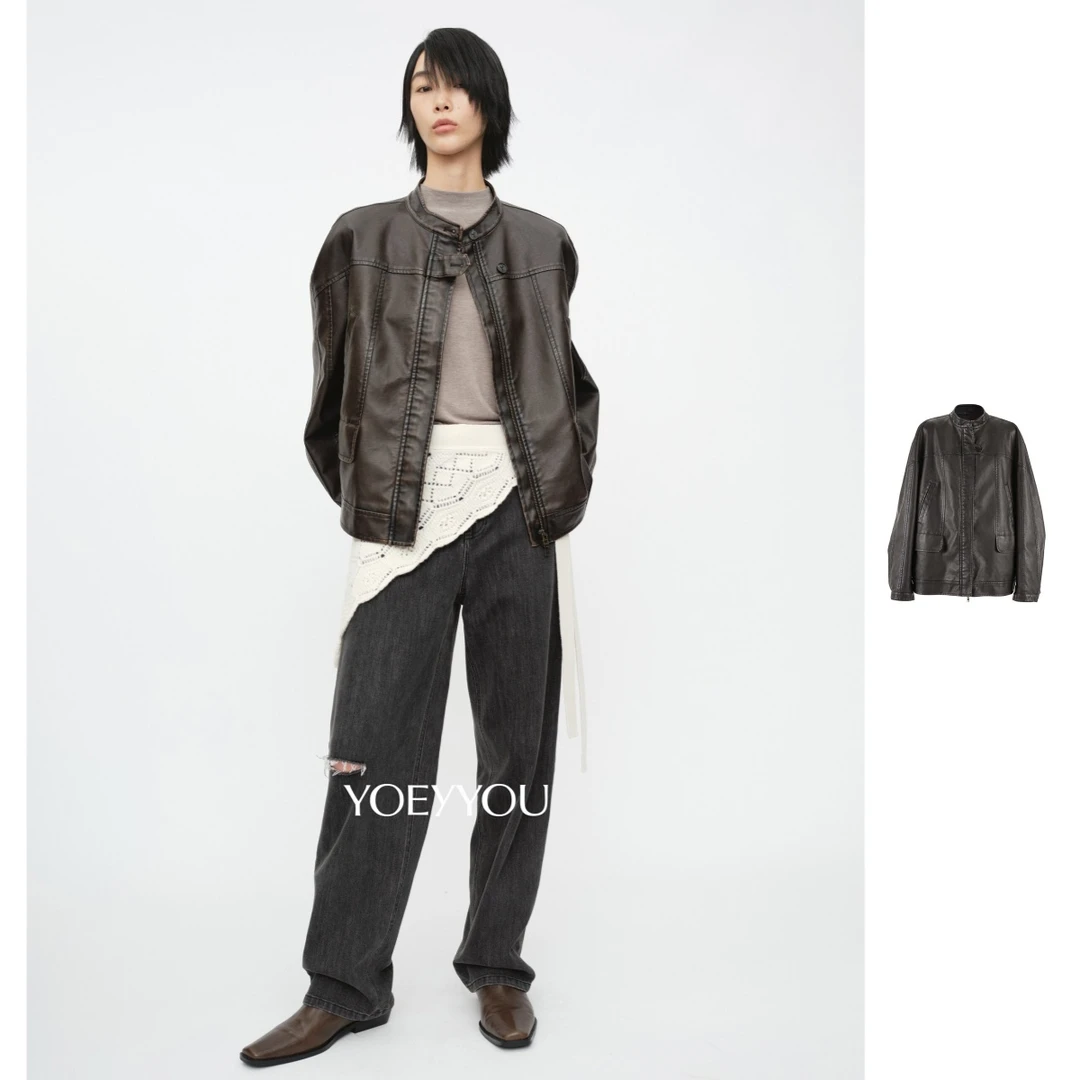 YOEYYOU   25秋季新品复古贴袋夹克皮衣时尚短款宽松翻领
