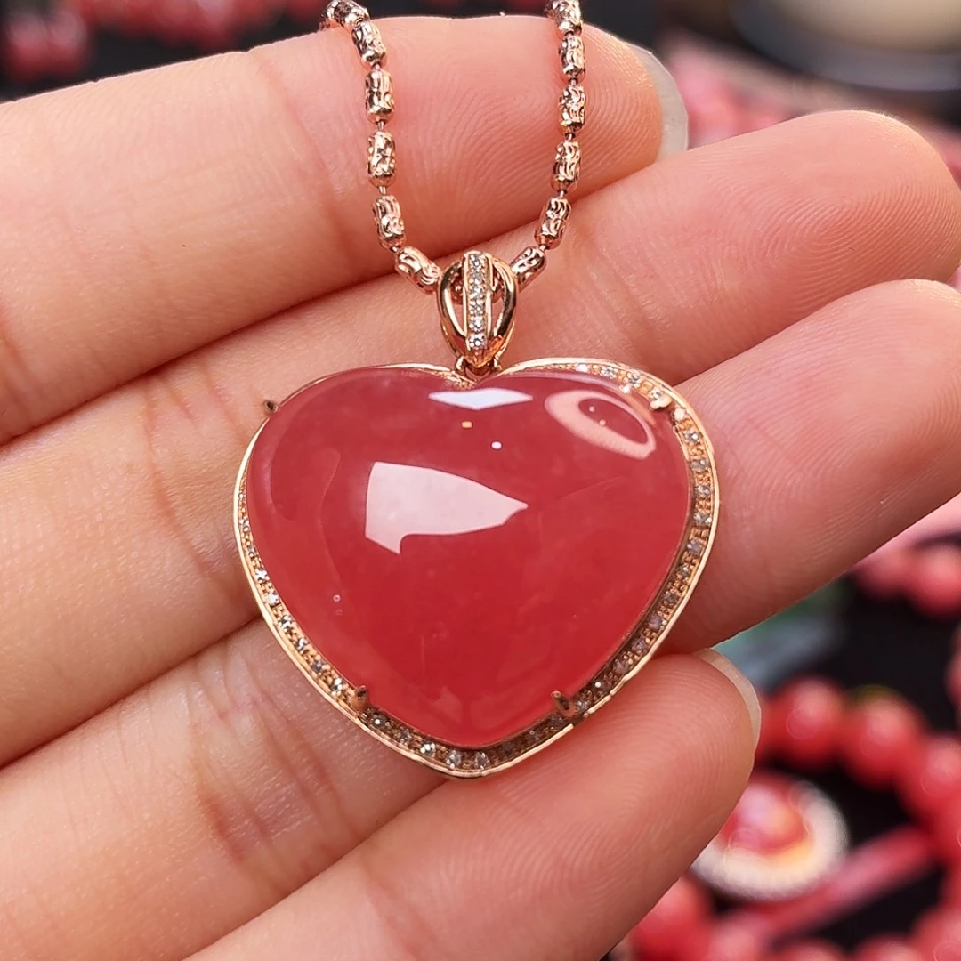 菱锰矿（红纹石）18K金镶嵌吊坠(不含链)