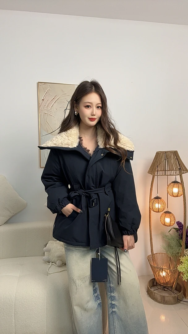 Y51区6831藏蓝色保暖长袖宽松型休闲翻领棉服