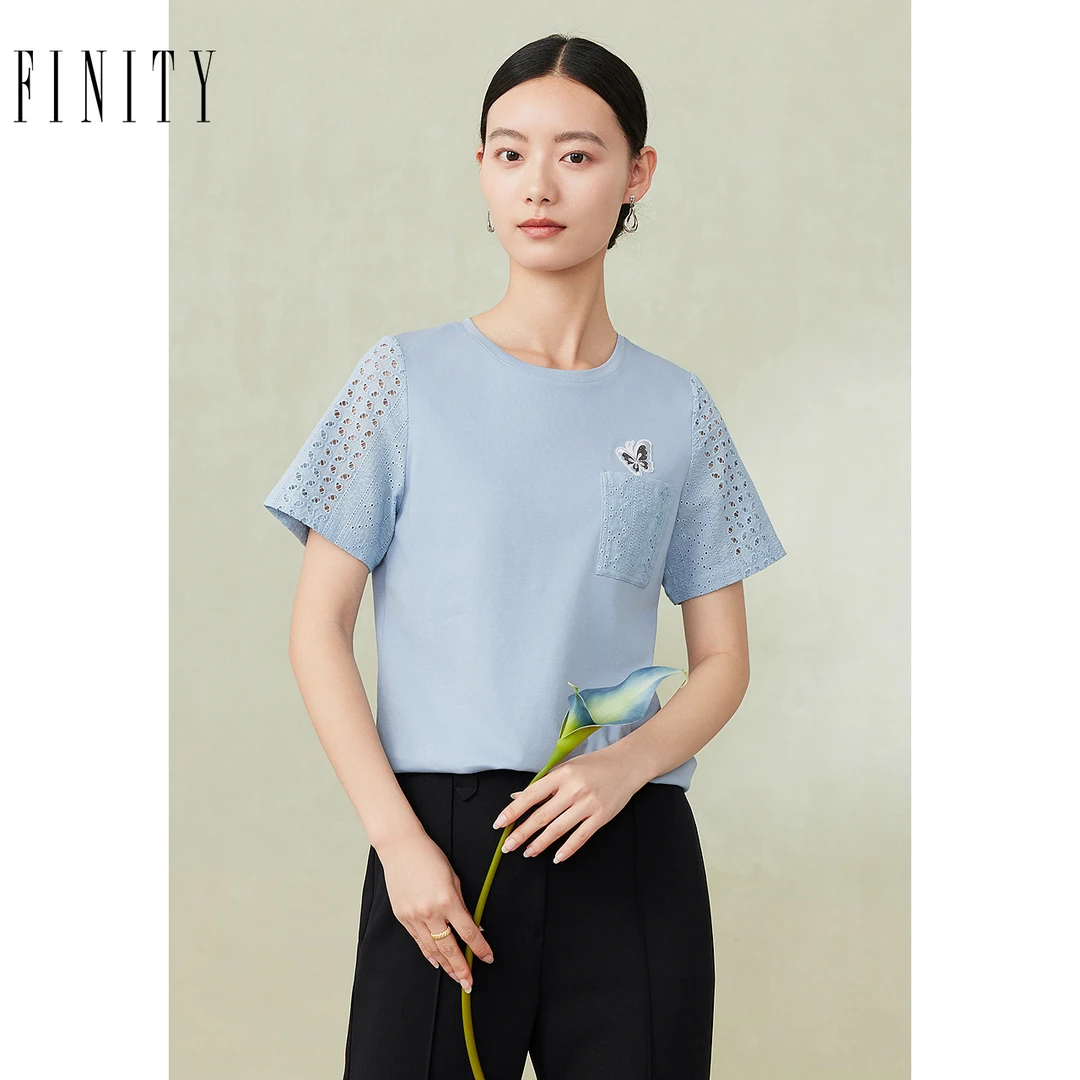 FINITY菲妮迪新款T恤针织时尚休闲女士夏季印花圆领拼接气质百搭