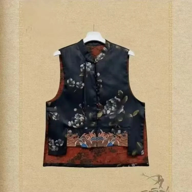 新中式网红双面双穿民族风刺绣马甲国风女复古国潮无袖提花女款