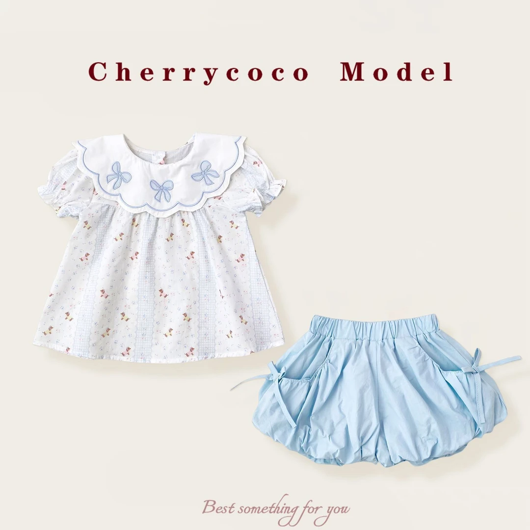 短袖2025女童夏季儿童套装新款两件套宝宝甜美蝴蝶结娃娃短裤现货