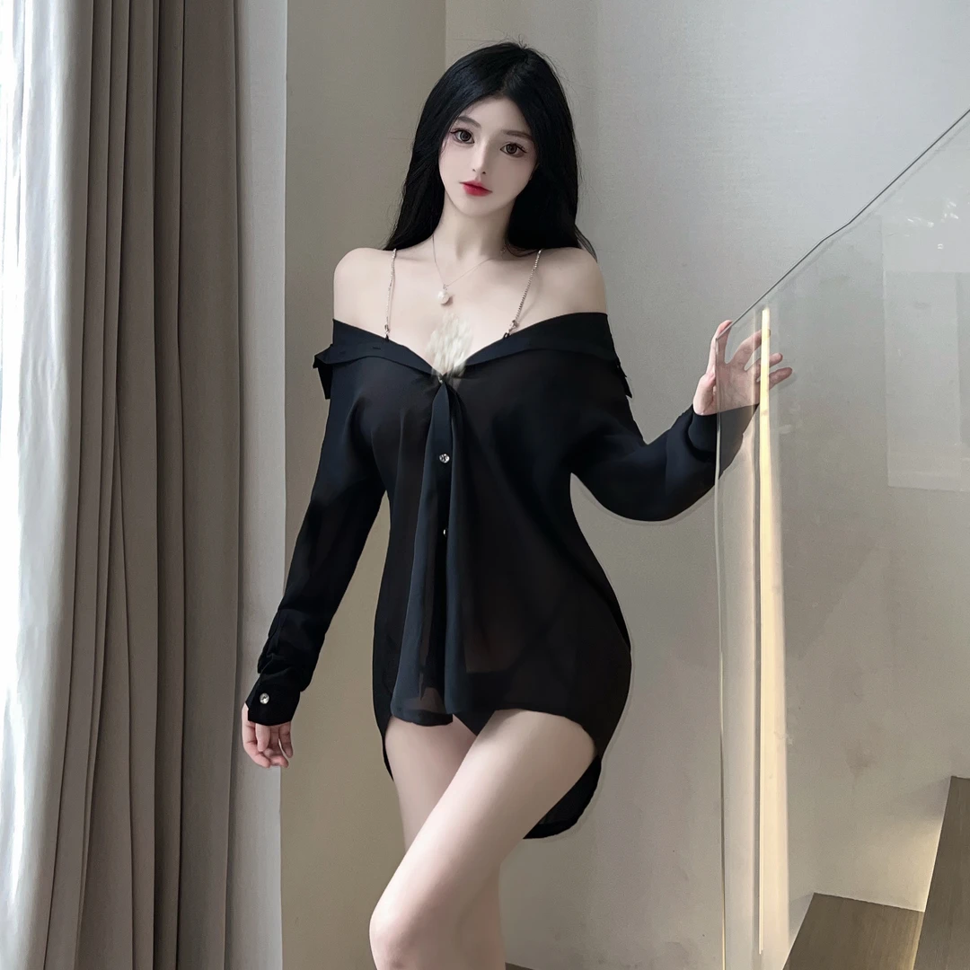 「衬衫裙」薄透吊带肩链男友风宽松内衣女睡衣纯欲诱惑火辣深新