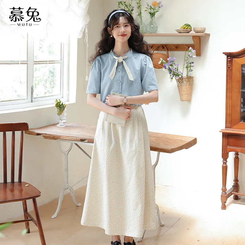 慕兔法式气质圆领丝带短袖衬衫女2025夏季新款碎花半身裙两件套装