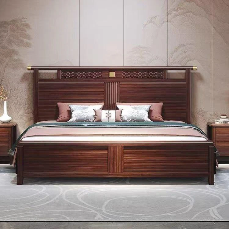 新中式乌金木实木床1.8米双人床主卧1.5米现代简约气压储物管帽床