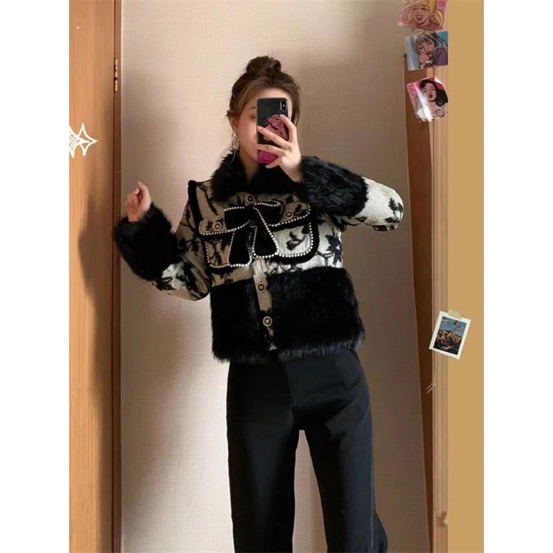 t秋冬新款女装韩系名媛拼接毛毛高级感小香风棉服外套