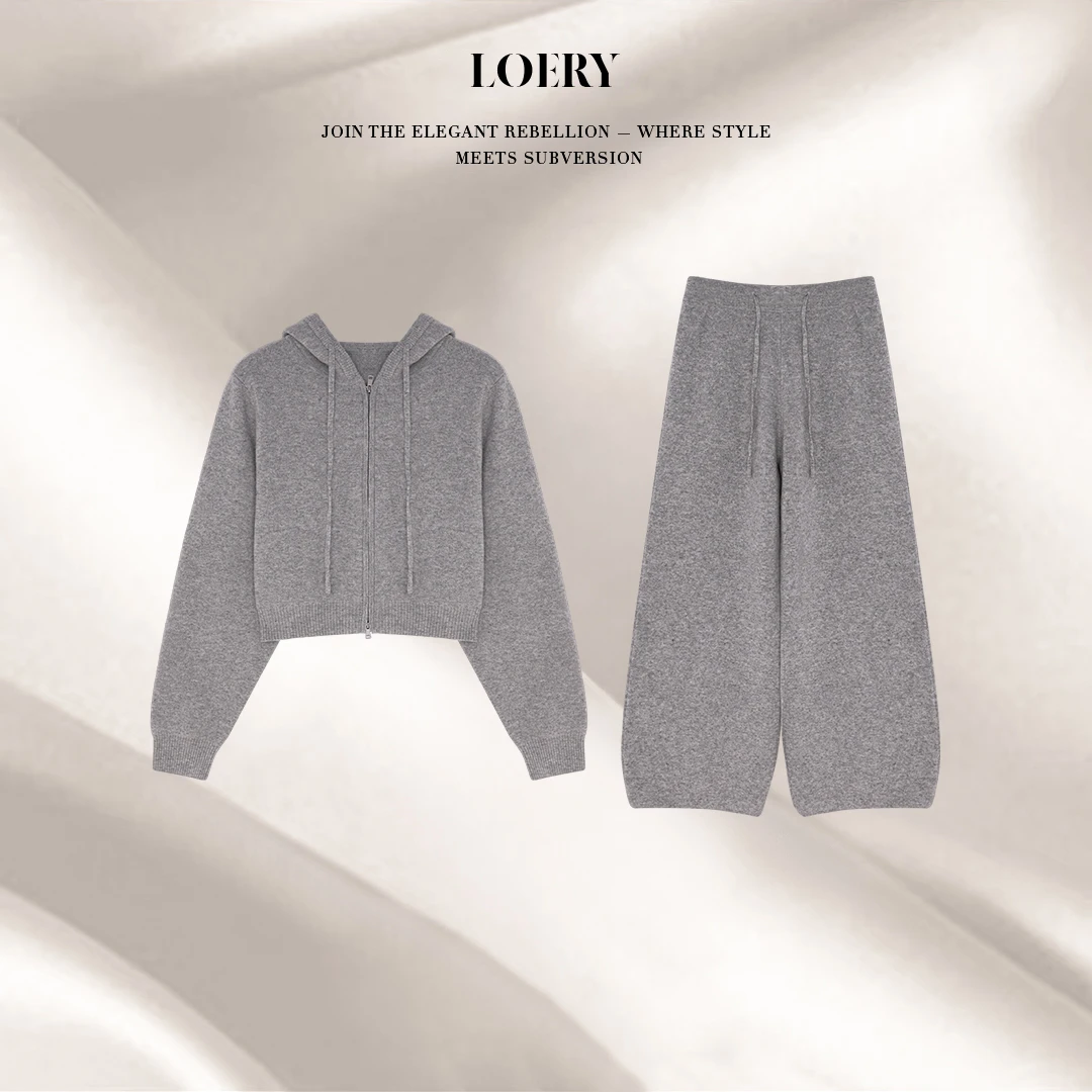 LOERY【老钱灰调编号224】慵懒风蝙蝠袖羊毛休闲连帽套装-113920