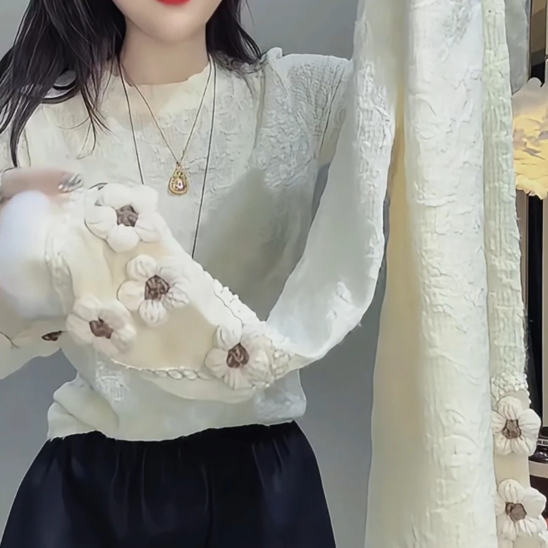 花朵毛边磨绒蕾丝衫秋冬女士新款长袖打底衫上衣