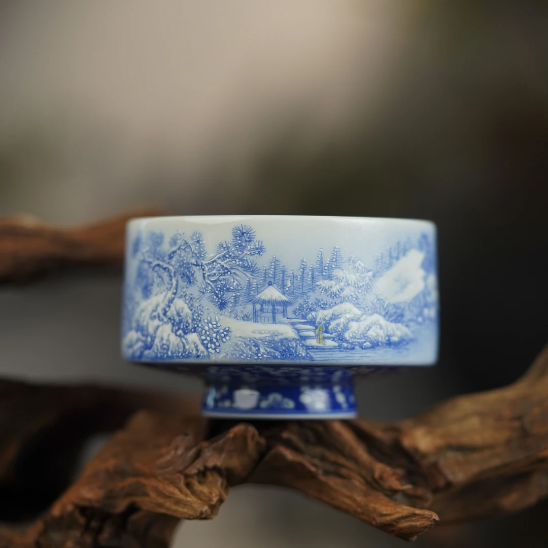 （精选）云山片玉宝石蓝雪景禅定杯景德镇陶瓷高端茶具