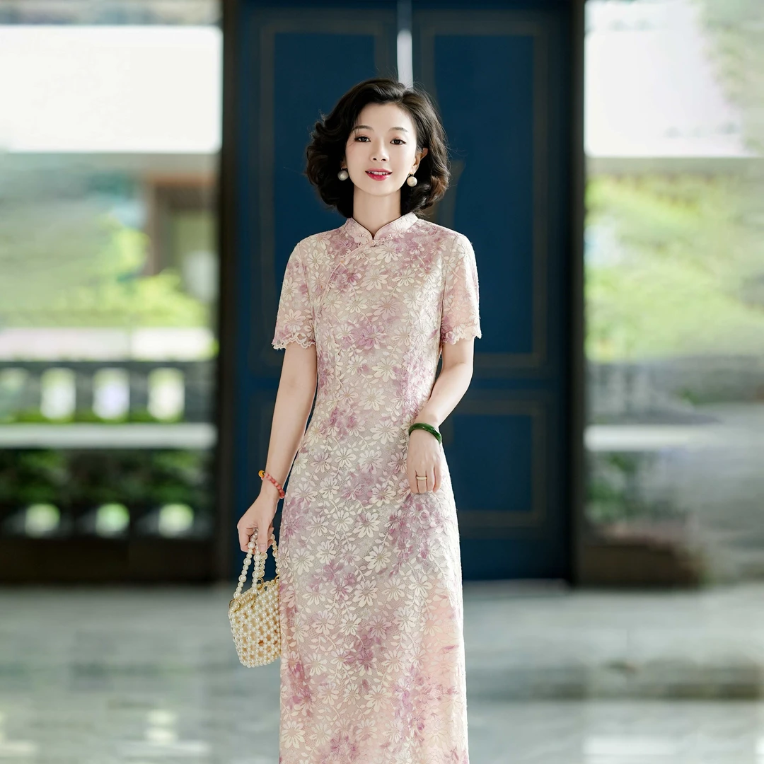 西子/【倾城之恋】新中式金葱蕾丝印花盘扣斜襟粉色旗袍/QPTJ144