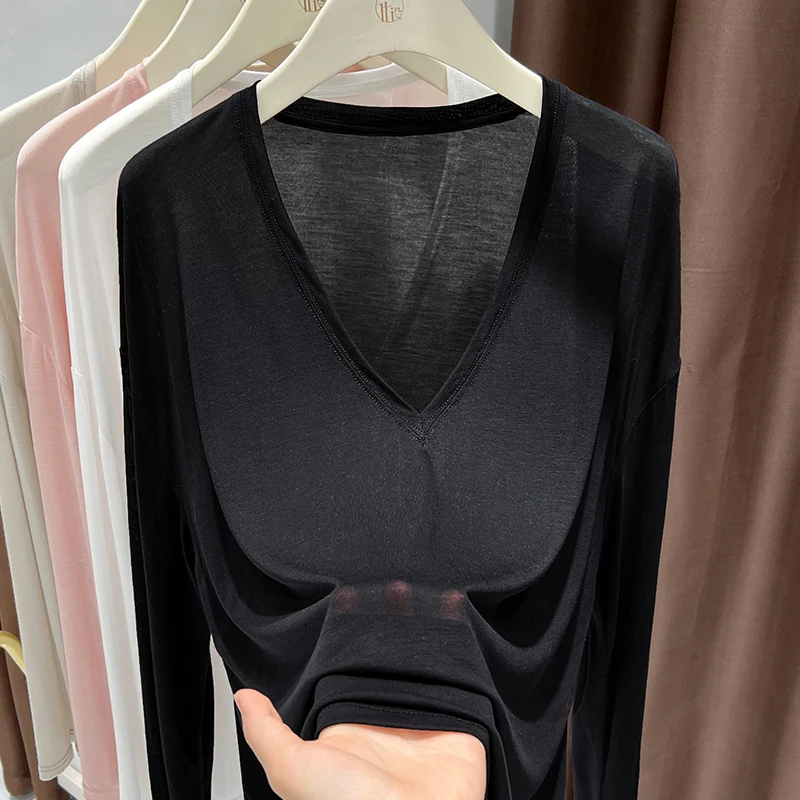 黑色微透薄款慵懒风内搭深v领长袖打底衫t恤夏季空调防晒罩衫上衣