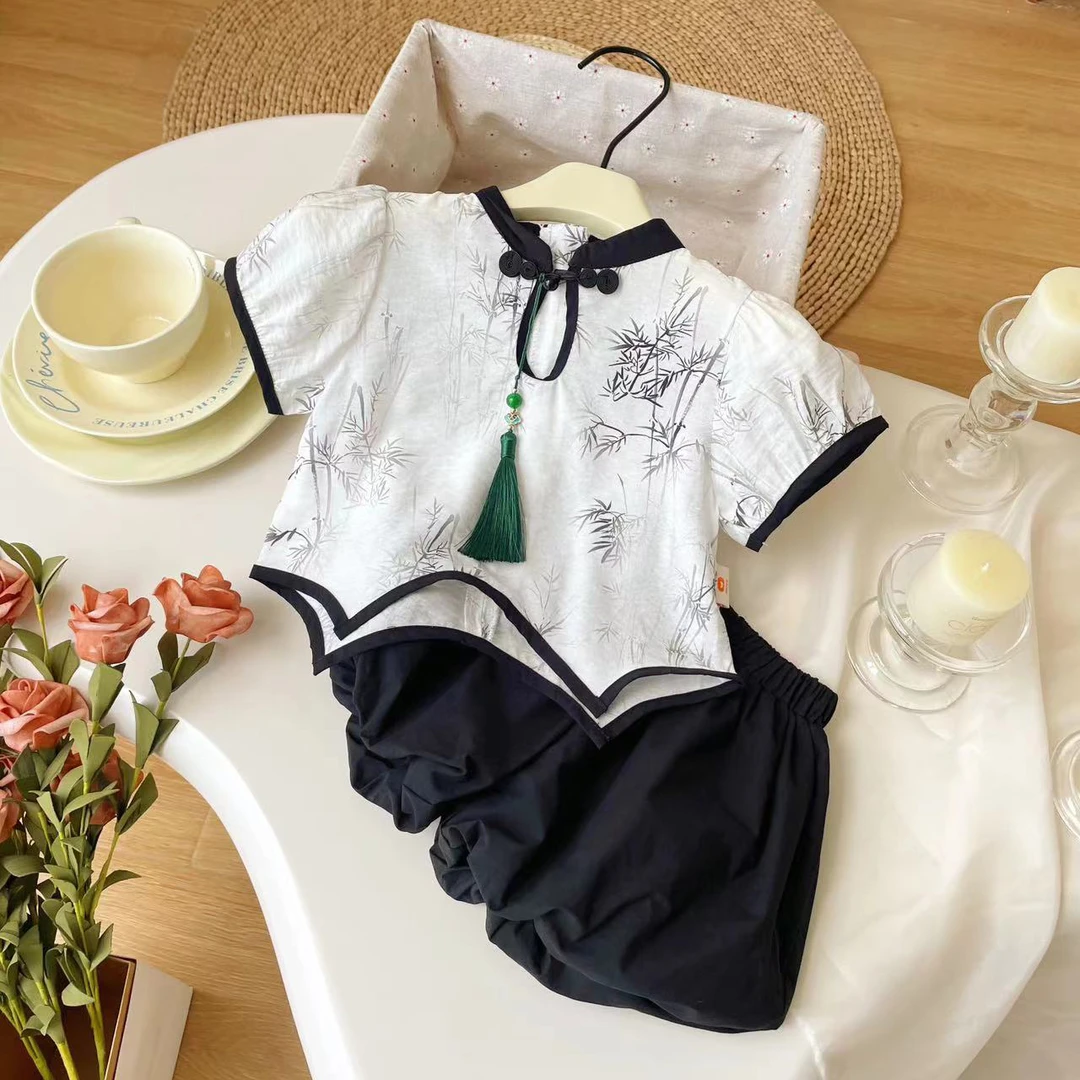 【现货】XJQ24X029夏季新款儿童套装女童国风复古两件套夏款女宝