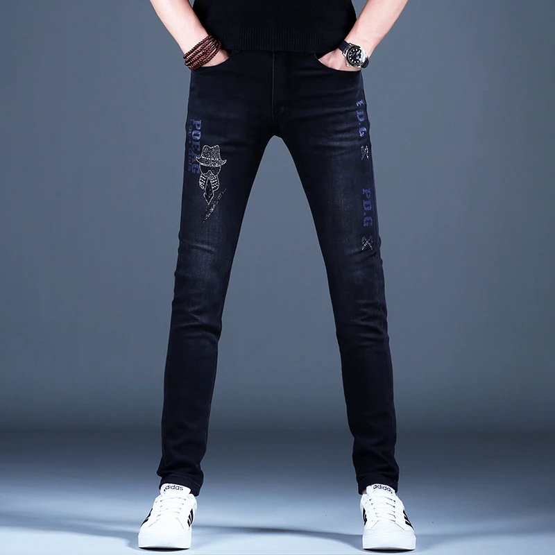 洛尼提日亚2025秋冬季牛仔裤男烫钻印花时尚加绒修身百搭黑色男裤