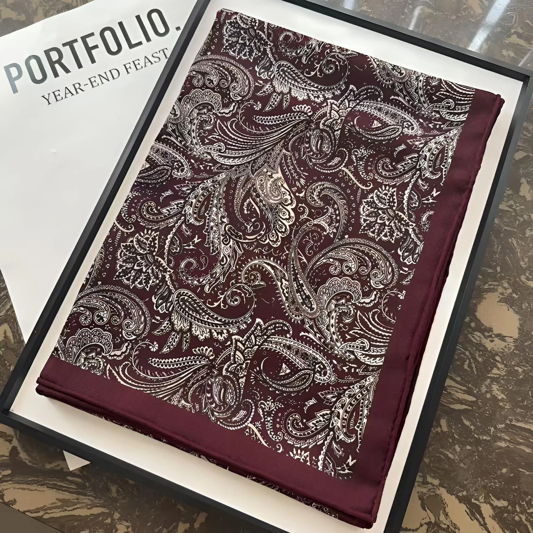 真丝羊毛双面凤尾腰果花105方巾手工卷边丝巾围巾大披肩外搭F248