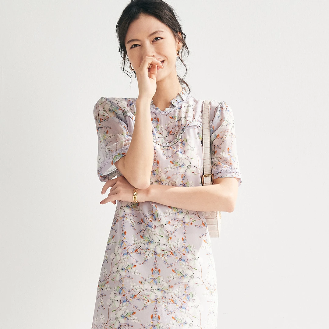 【老粉福利】紫色碎花真丝显瘦气质旗袍连衣裙DY11831ZYP