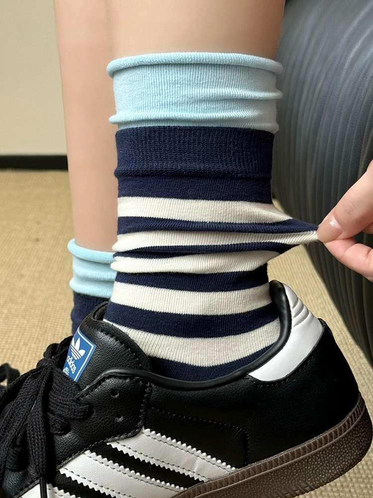 多巴胺撞色条纹双层袜口卷边堆堆袜子女春秋款纯棉日系运动中筒袜