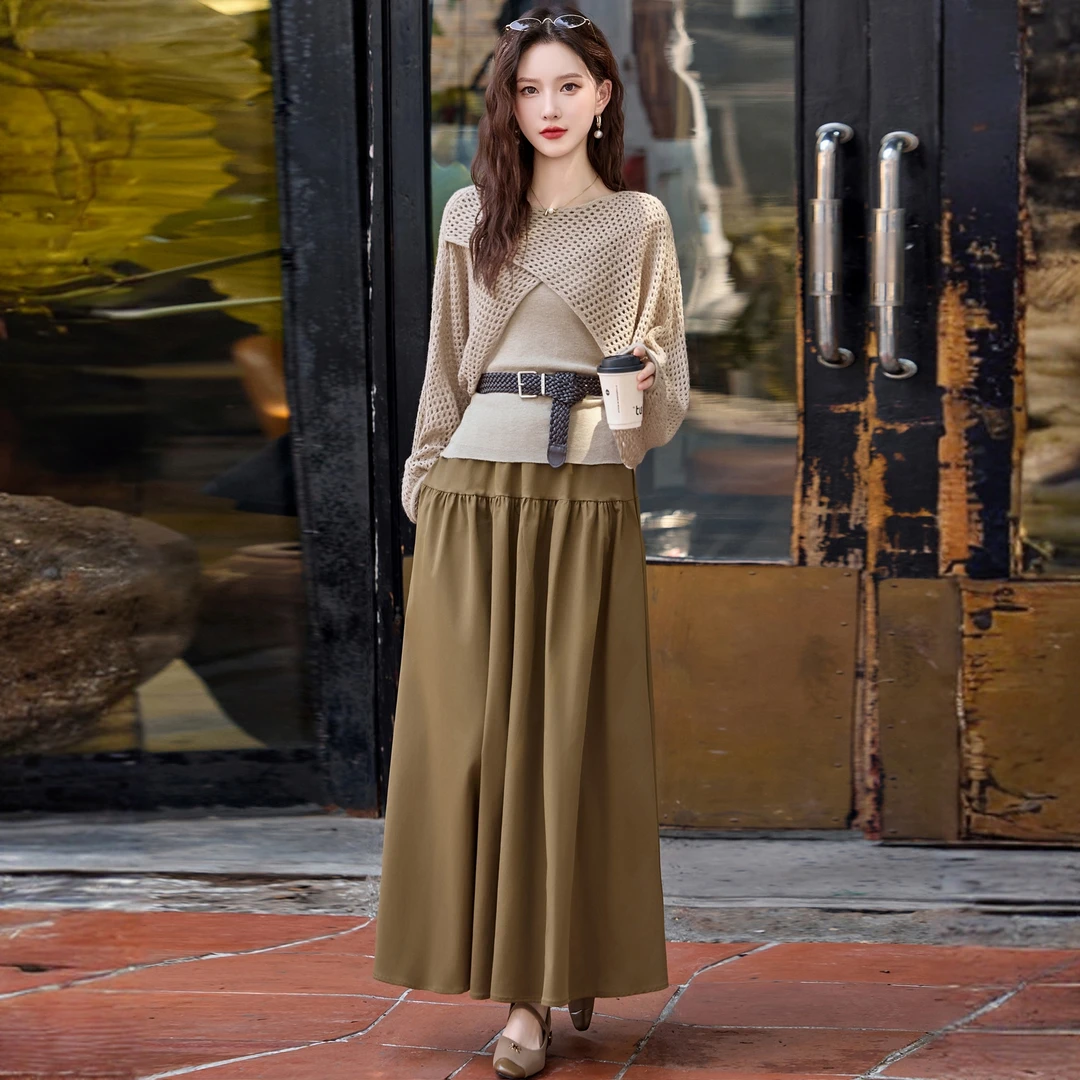 玛古芭早秋轻熟气质一整套穿搭新款镂空针织罩衫吊带半身裙三件套