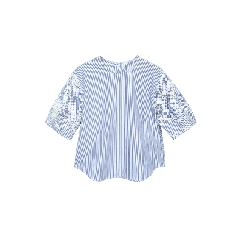 【橙庐】362013原创纯棉细条纹刺绣花苞袖娃娃衫 春夏女款拼接时尚