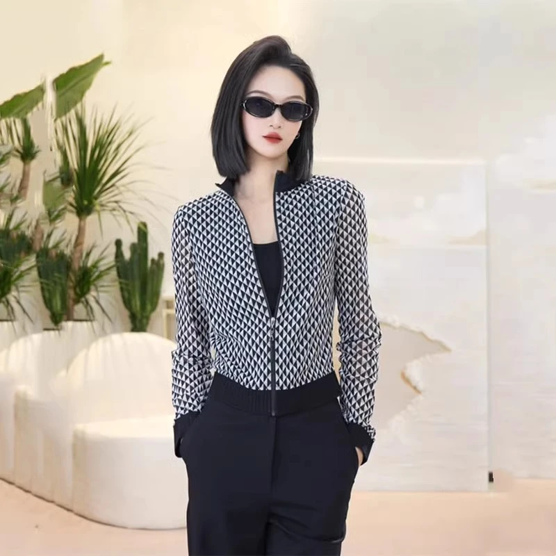 【专柜品质】春季新款菱格印花拉链防晒网纱长袖外套女140009