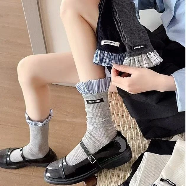 欧货春夏薄款灰色格子花边拼色棉袜中筒袜布标堆堆长袜女小腿袜子