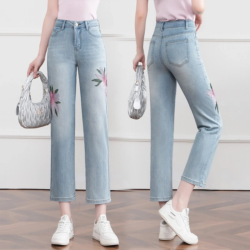花朵刺绣休闲牛仔裤女2025夏季新款薄款高腰显瘦宽松烟管裤九分裤