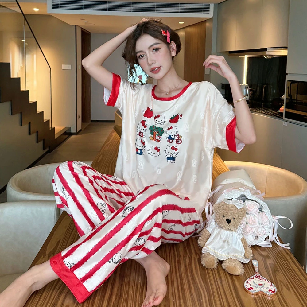 带胸垫夏季提花睡衣女短袖薄款三件套宽松卡通休闲家居服套装夏天