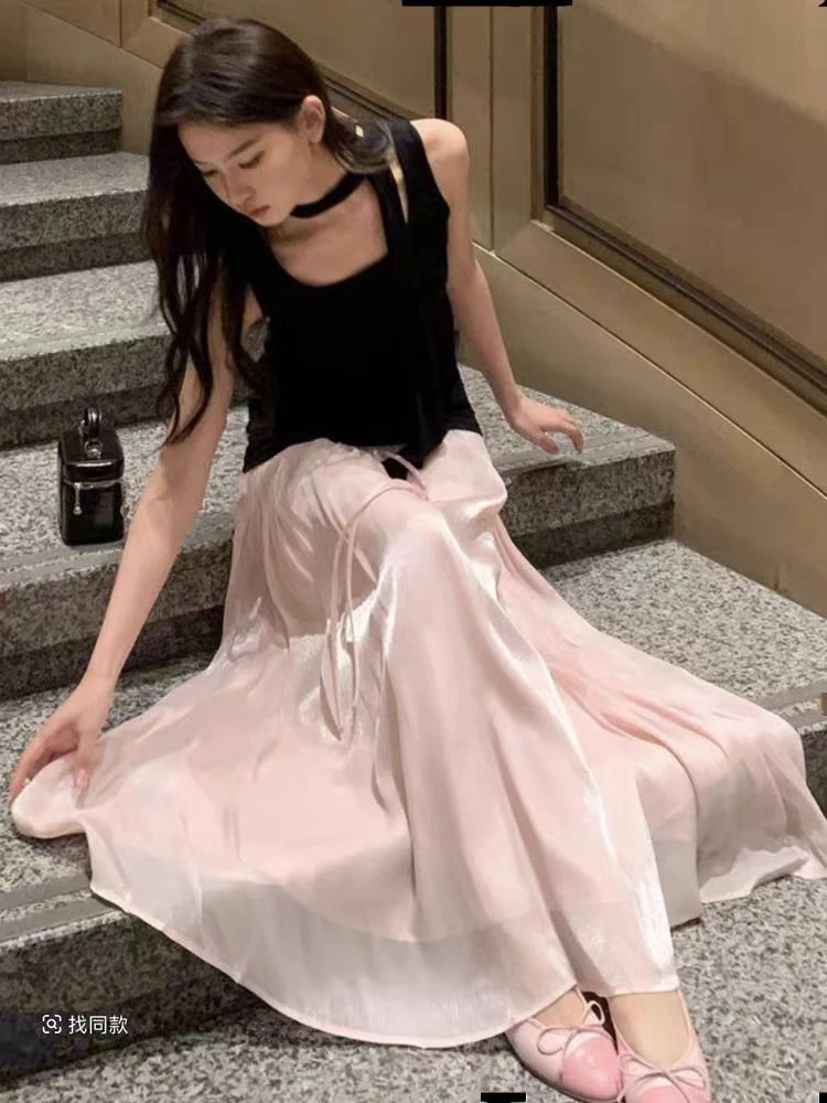 新款松紧腰半身裙子流光纱长裙女款显瘦高腰