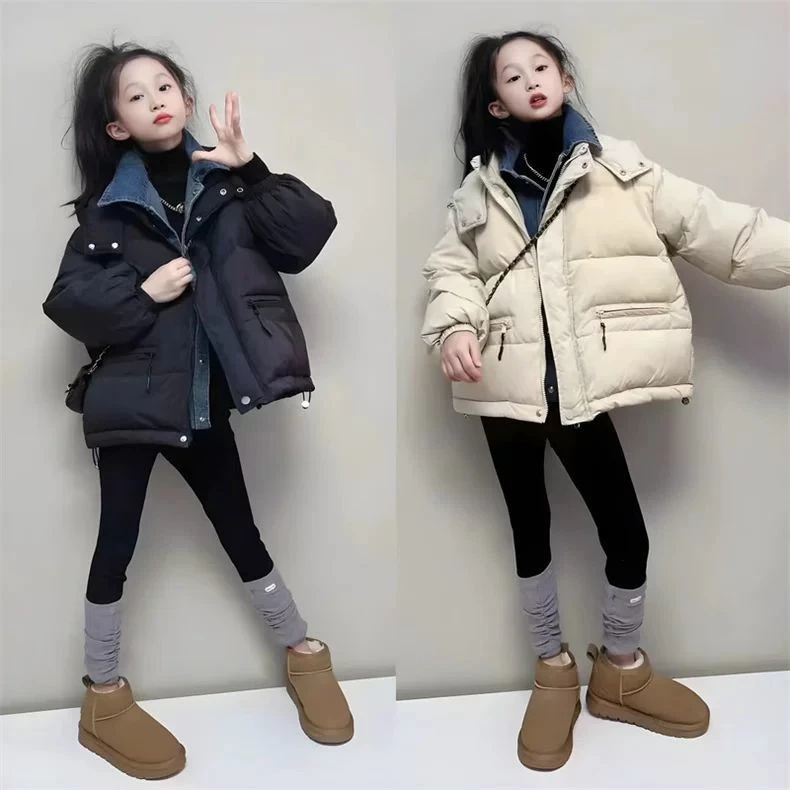 韩系童装冬季新款女童时尚假两件加厚棉衣中大童休闲牛仔内搭外套