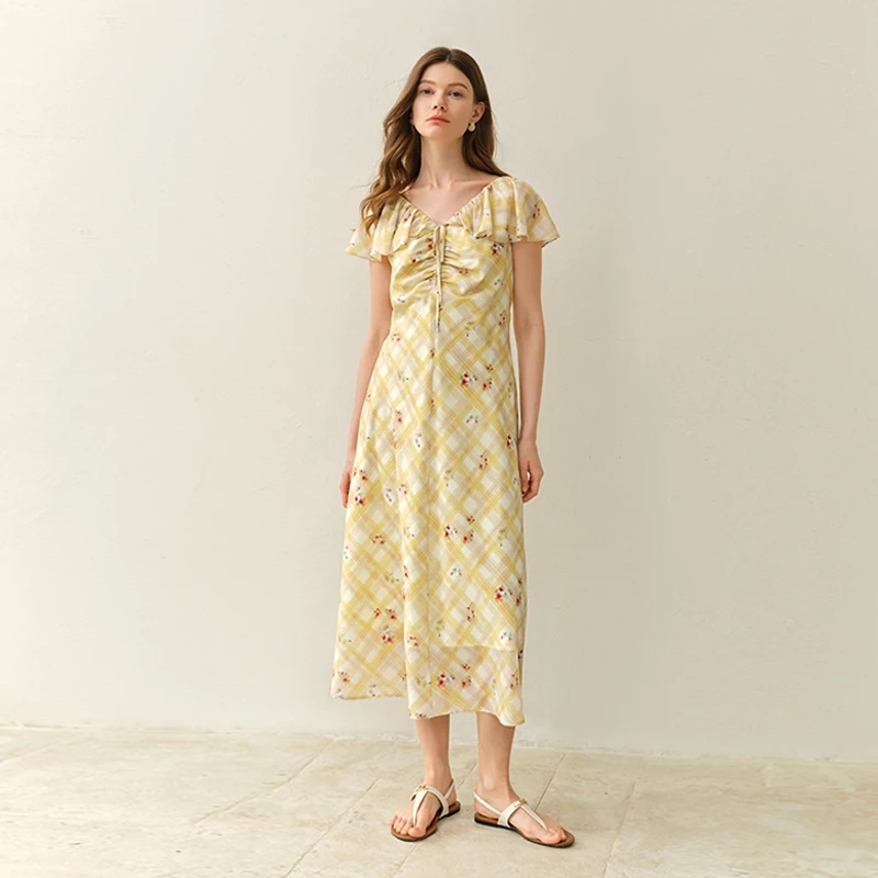 独束大码女装慵懒法式玫瑰格纹碎花连衣裙压褶显瘦裙子25DS82372