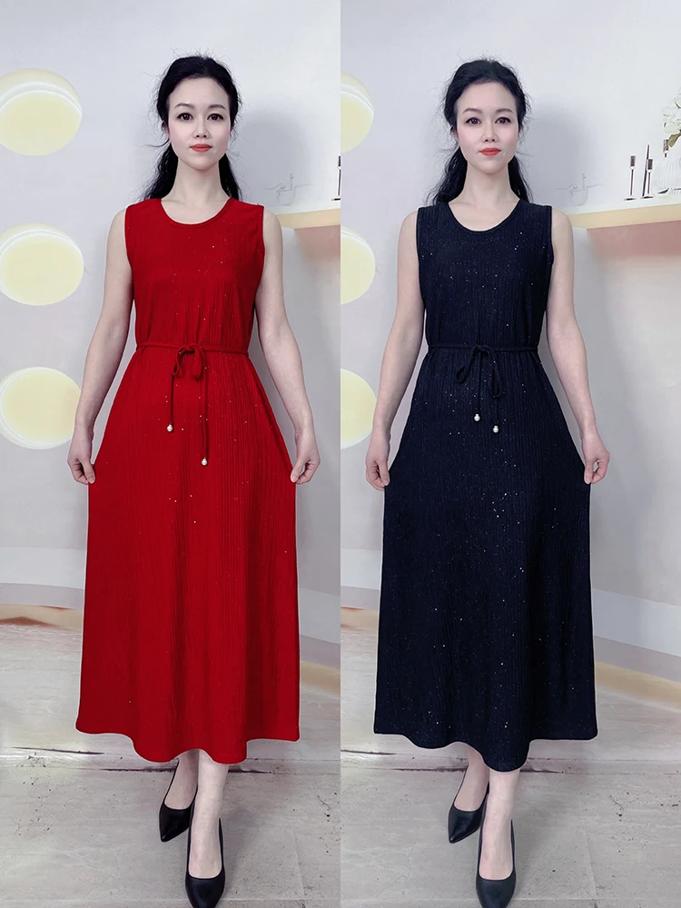 夏季新款无袖圆领宽松大码连衣裙压轴烫金系带显瘦长款背心裙2523