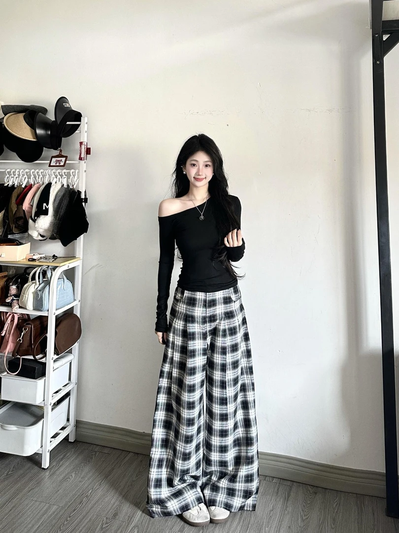 黑色长袖t恤女春修身显瘦紧身小个子短款露肩套装两件套高级感