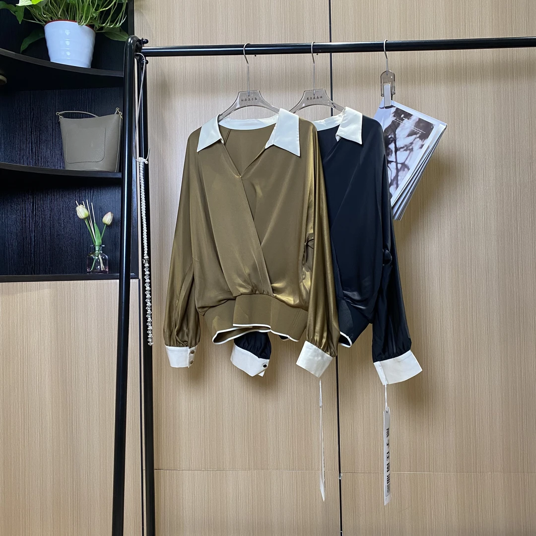 【燕子在南油】时尚休闲显瘦春秋宽松百搭醋酸拼接上衣1062