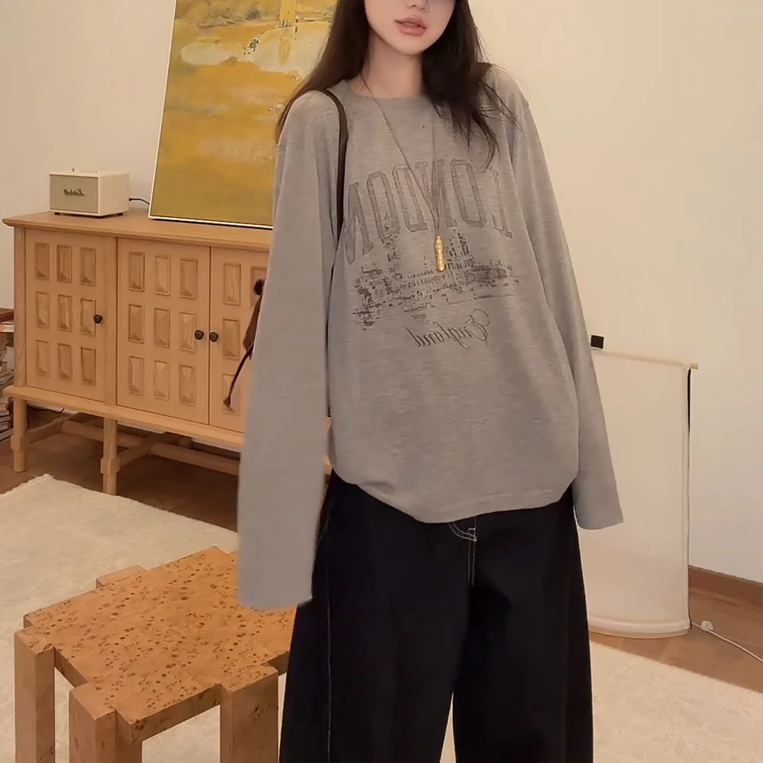 秋冬简约新款复古率性街头做旧字母印花针织长袖上衣LK2507132