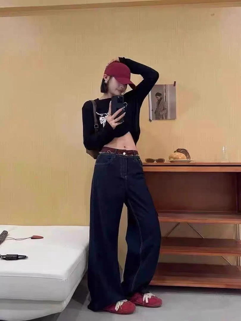 显瘦中高腰牛仔阔腿裤女2025春季新款复古小个子休闲牛仔裤89186