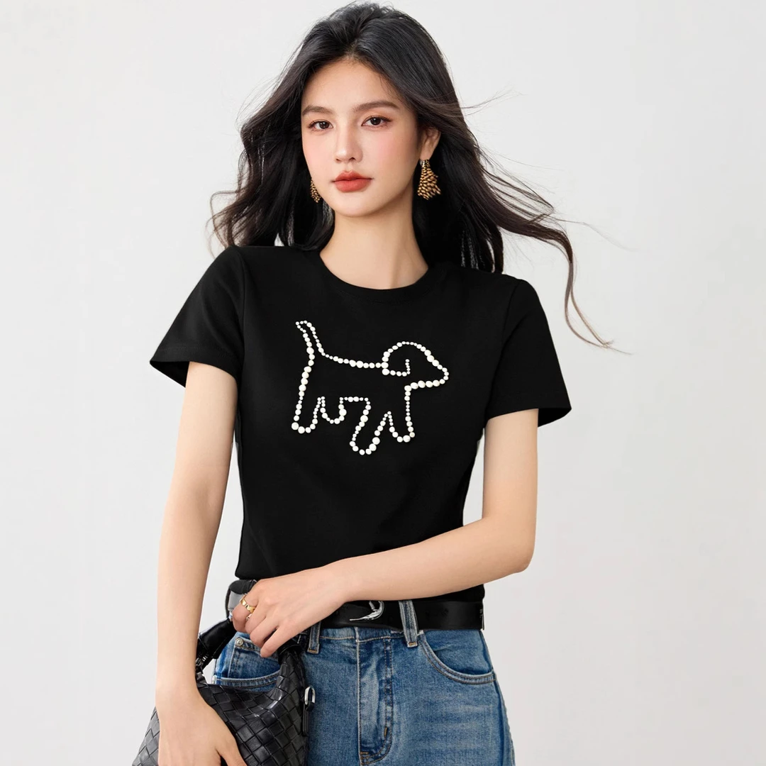 G8973少女卡通图案小狗短袖美式夏季潮显瘦修身短款t恤上衣女