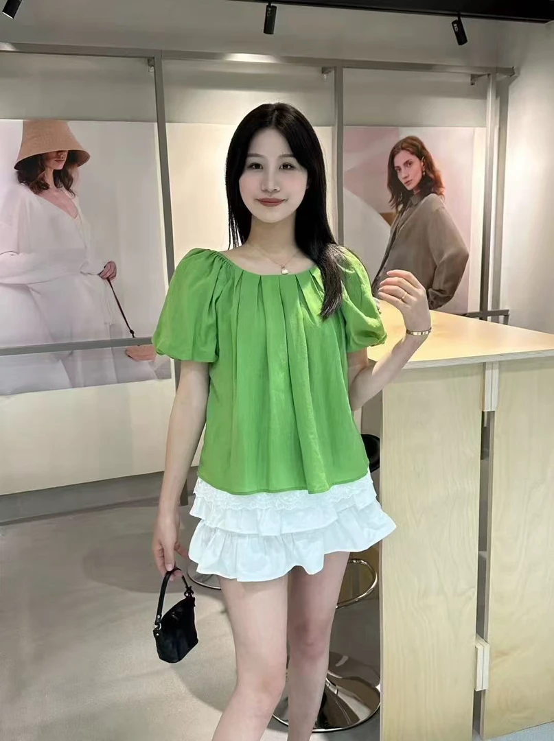 【3007】M#蕾丝拼接褶皱泡泡袖上衣