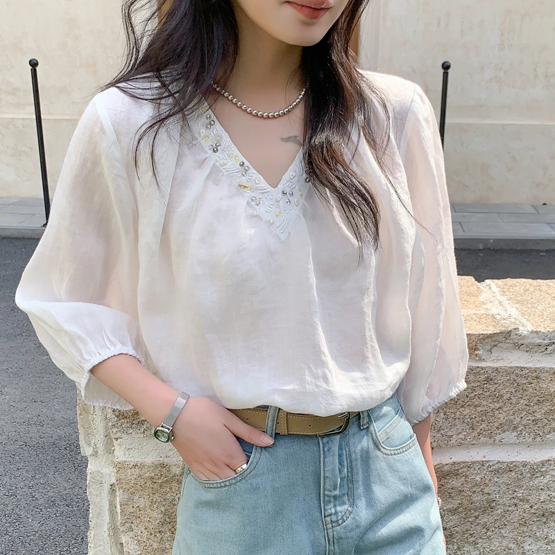 2025新款夏季法式灯笼袖上衣女薄款轻奢高级感宽松v领上衣女时髦