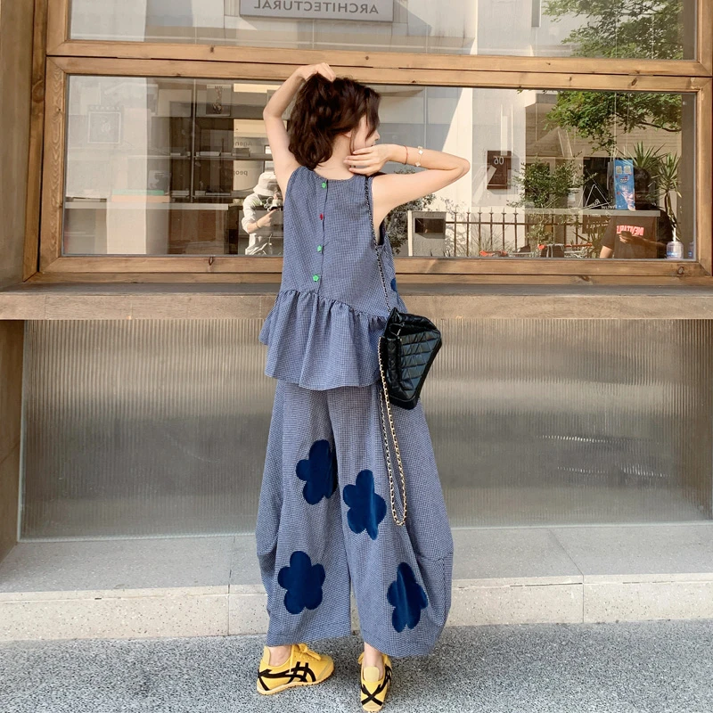 盐甜系蓝格子贴花背心弯刀裤2025夏季新款韩系ins风松弛感套装裤