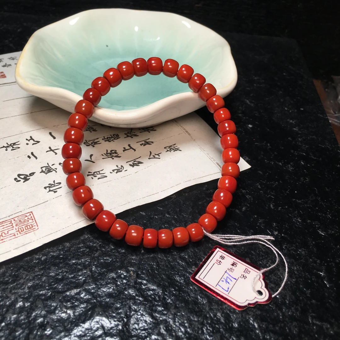 【朱锦南红】天然川料南红玛瑙满色满肉柿子锦老型手串6.8mm14.7g