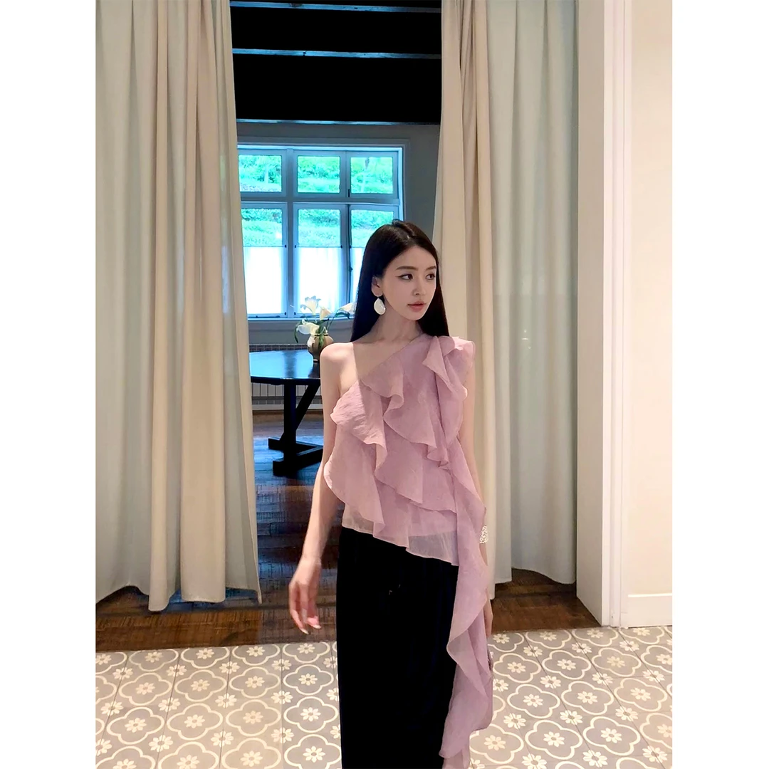 冯薪颖 【雾月蔷薇】荷叶边气质粉紫色斜肩吊带搭配套装 Y570902