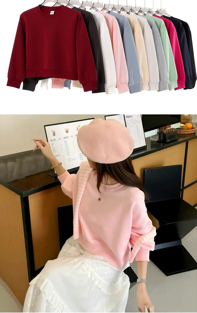 短款春秋款350g休闲慵懒风彩色连帽圆领卫衣显瘦百搭长袖宽松潮牌