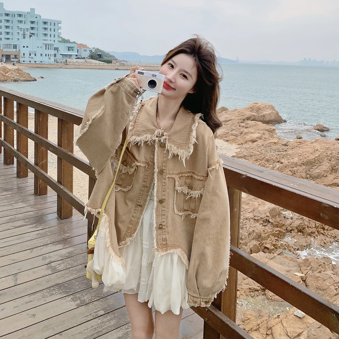 卡其色网纱拼接设计感牛仔短外套女2025早秋新款做旧流苏气质夹克