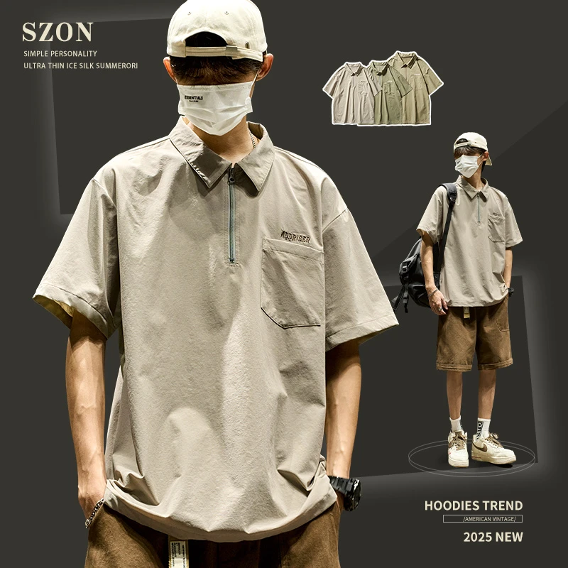 冰丝polo衫男潮牌刺绣字母翻领半袖夏季百搭薄款宽松速干短袖t恤