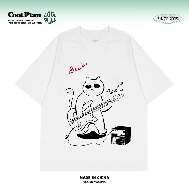原创摇滚贝斯rock猫咪美式手绘涂鸦圆领短袖慵懒休闲宽松上衣男女